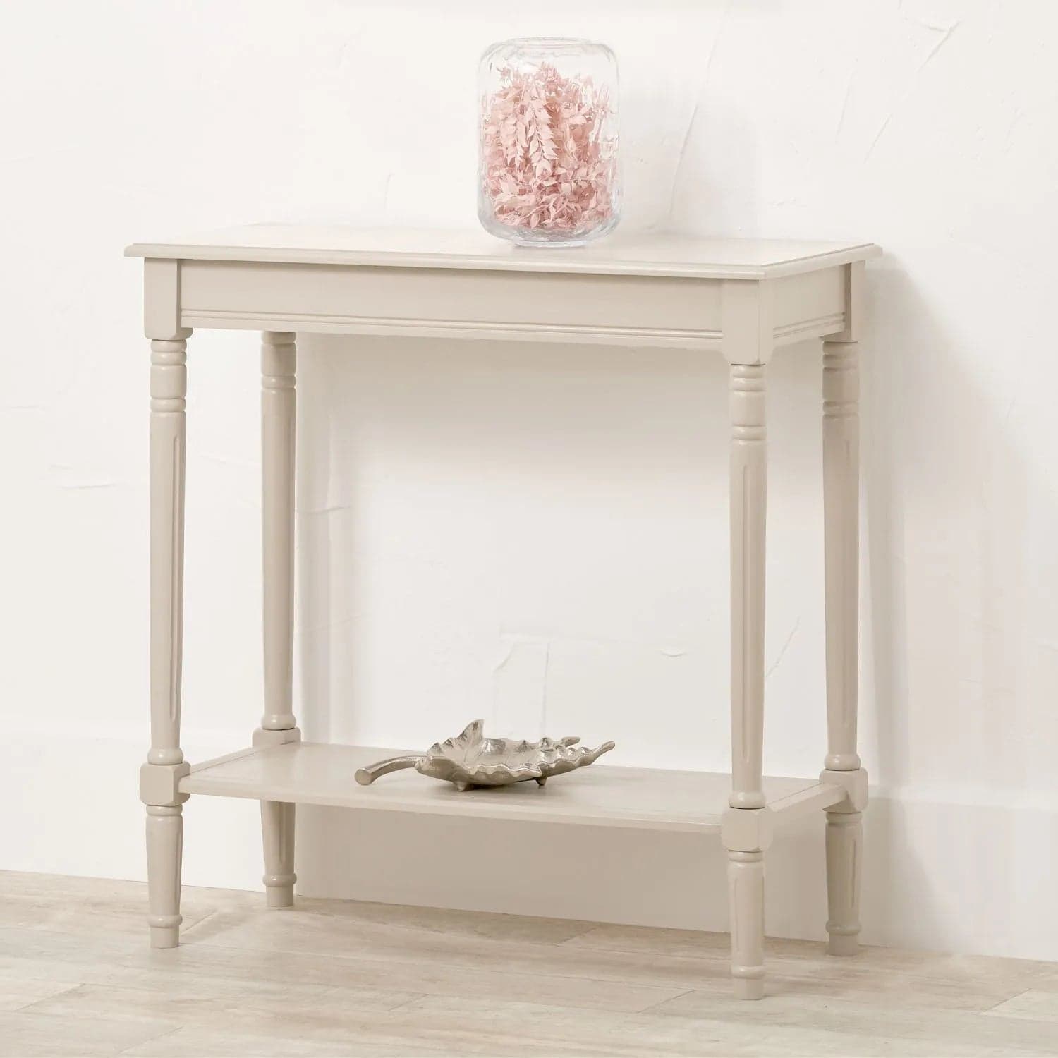 Narrow Light Beige Wooden Console Table with Shelf – Slim Pine Hallway Console Table with Turned Legs & Lower Storage 80x80x36cm