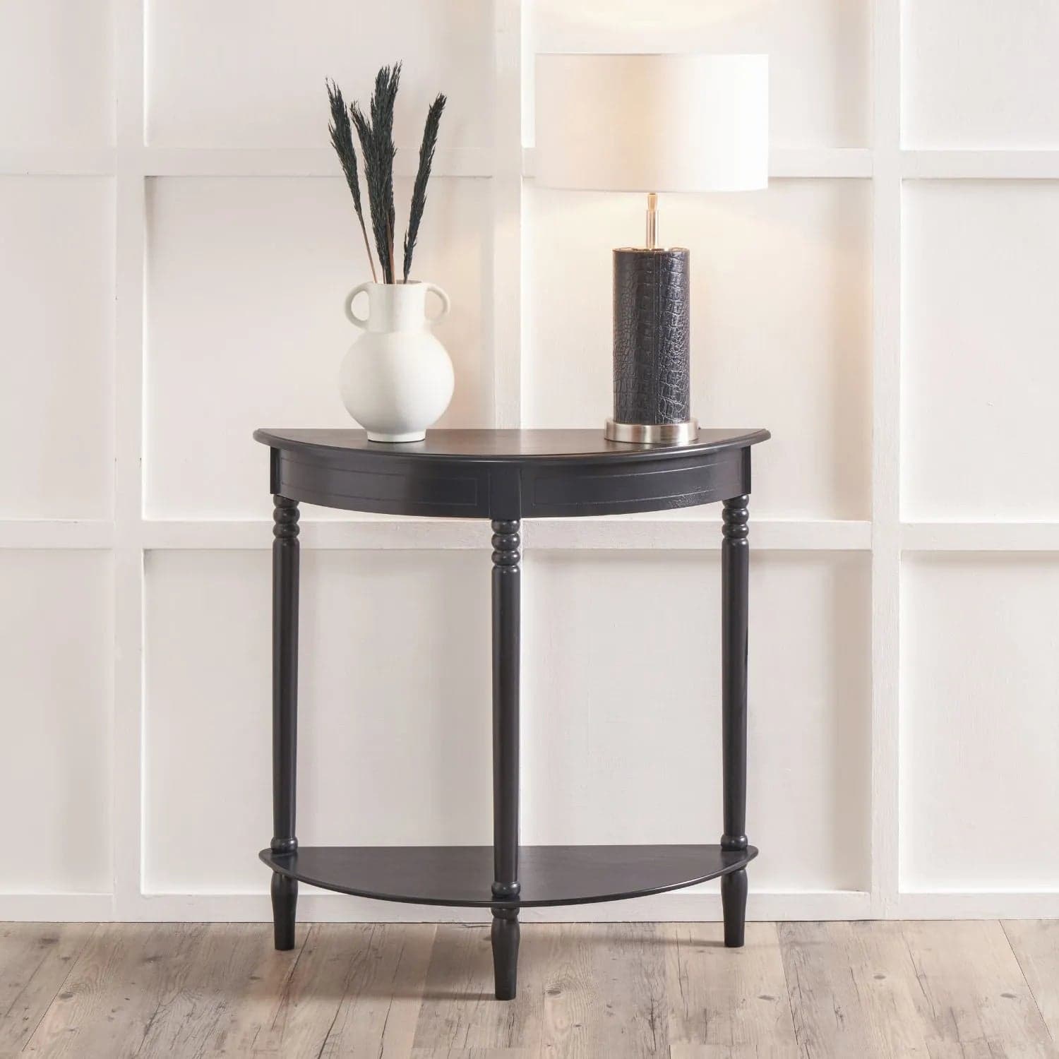 Narrow Black Wooden Half Moon Console Table with Shelf – Slim Pine Console Table for Hallway with Turned Legs & Lower Storage 80x80x30cm